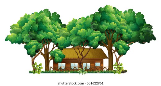 Wood cabin in the forest illustration