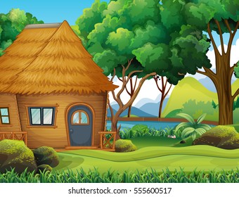 Wood cabin in the forest illustration