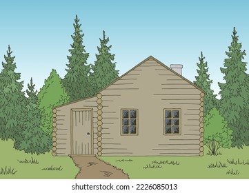 Wood cabin house graphic color landscape sketch illustration vector 