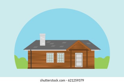 wood cabin illustration with green bush as background and blue sky