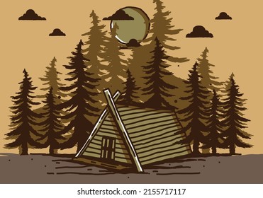 Wood cabin in the jungle illustration drawing design