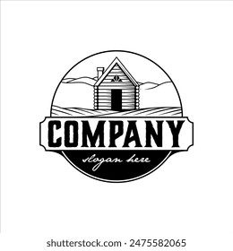 Wood cabin and large pasture logo with classic style badge design