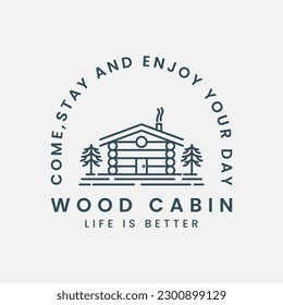 wood cabin line art vector logo template illustration design, house with pine tree icon logo design