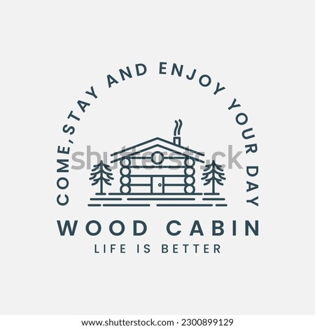 wood cabin line art vector logo template illustration design, house with pine tree icon logo design