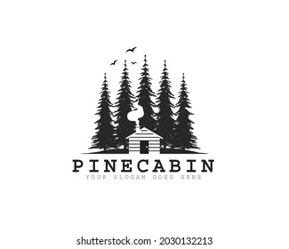 wood cabin logo vector graphic with chimney, smoke, birds, pines and mountain for any business especially for outdoor activity, hunting, travel and holiday relaxation