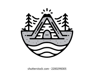 Wood cabin and mountain Black and white line art mono line tattoo design