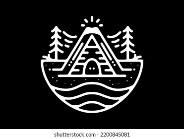 Wood cabin, mountain and pine tree Black and white line art mono line tattoo design