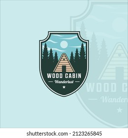 Wood Cabin Outdoor Emblem Logo Vector Illustration Template Icon Graphic Design. Adventure Wildlife Vintage With Forest Sign Or Symbol Label For Business Lodging Cottage Or Travel