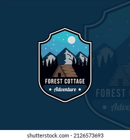 Wood Cabin Outdoor  Emblem Logo Vector Illustration Template Icon Graphic Design. Adventure Wildlife Vintage With Forest Mountain Sign Or Symbol Label For Business Lodging Cottage Or Travel