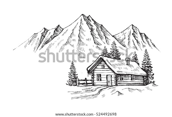 Wood Cabin Winter Landscape Vector Illustration Stock Vector (Royalty