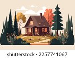  wood cabin. Wooden house in the forest. Vector illustration in cartoon style.