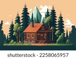  wood cabin. Wooden house in the forest. Vector illustration in cartoon style.