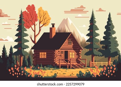  wood cabin. Wooden house in the forest. Vector illustration in cartoon style.