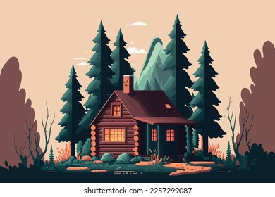  wood cabin. Wooden house in the forest. Vector illustration in cartoon style.