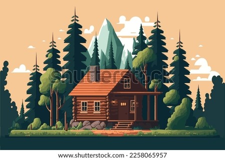  wood cabin. Wooden house in the forest. Vector illustration in cartoon style.