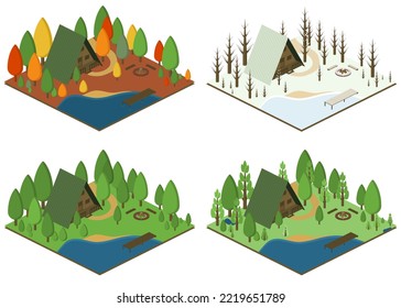 Wood cabins, holiday resort with lake, fireplace. Vector, isometric design.