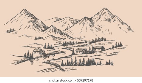 wood cabins in mountain landscape vector illustration