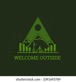 Wood camp logo design. Adventures with tent, campfire, mountains and forest, nature tourism concept line style, camping hiking vector design