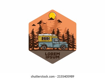 Campervan de madera en el diseño de ilustración forestal