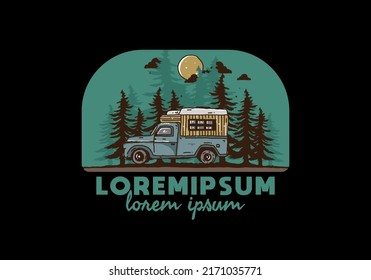 Wood campervan in the forest illustration design