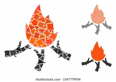 Wood campfire composition of rugged pieces in variable sizes and color hues, based on wood campfire icon. Vector bumpy pieces are grouped into composition.