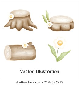 Wood campfire elements. Branches and logs set. Cute logs wood with flowers set. Camping elements. Vector Illustration