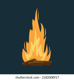 Wood campfire on dark background, travel and adventure symbol. Fire bright design. Firewood flames. Vector illustration. Flat style cartoon outdoor night bonfire.