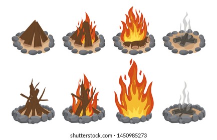 Wood campfire. Outdoor bonfire, fire burning wooden logs and camping stone fireplace.