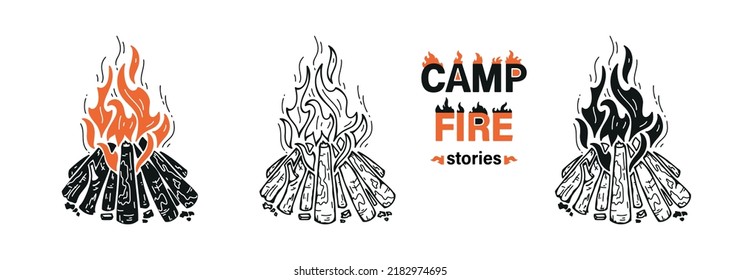 Wood Campfire. Outdoor Bonfire. Fire Flames and Wooden Logs. Vector Burning Firewood or Fireplace. Set of Outline and Silhouettes Drawing.