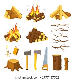 Wood campfire. Tree logs pile, branches, lumberjack ax, saw and matches for make bonfire. Burn firewood stack with flames, timber vector set. Equipment for cutting wood, outdoor hiking