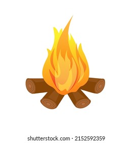 Wood Campfire Vector Drawing. Outdoor Bonfire, Fire Burning Wooden Logs, Camp Fireplace. Firewood Flames Burn. Isolated Cartoon Drawing