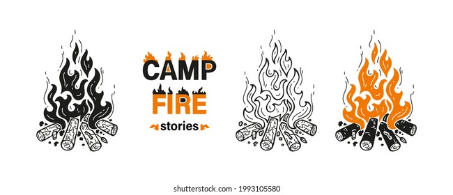 Wood Campfires and Campfire Stories inscription. Outdoor Bonfire. Fire Flames and Wooden Logs. Burning Firewood or Fireplace Vector Set of Outline and Silhouettes Drawing.