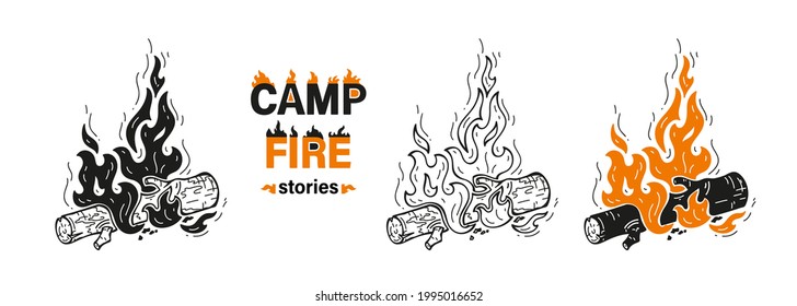 Wood Campfires and Campfire Stories inscription. Outdoor Bonfire. Fire Flame and Wooden Log. Burning Firewood or Fireplace Vector Set of Outline and Silhouettes Drawing