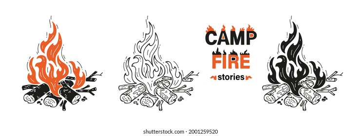 Wood Campfires and Campfire Stories inscription. Outdoor Bonfire. Fire Flames and Wooden Logs. Burning Firewood or Fireplace Vector Set of Outline and Silhouettes Drawing