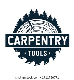 Wood carpentry logo. Saws for slice of tree. Monochrome emblem. Wooden stump and saw