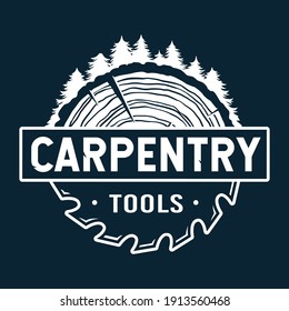 Wood carpentry logo. Saws for slice of tree. Monochrome emblem. Wooden stump and saw