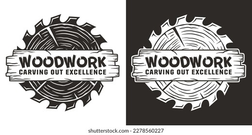 Wood carpentry logo. Saws for slice of tree. Wooden stump and saw.