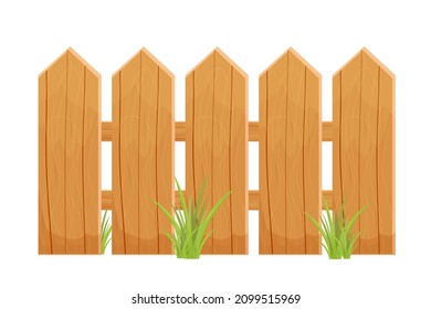 Wood cartoon fence with grass textured, detailed isolated on white background. Rustic construction from planks, rural old barrier. 