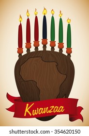 Wood carved kinara with Africa map and traditional seven candles and red ribbon.
