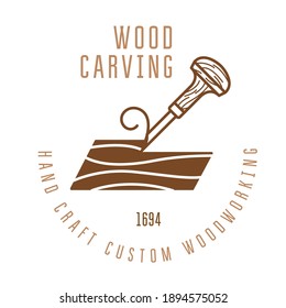 Wood carving logo with chisel cutting a wood bar, timber engraving emblem, vector