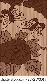Wood carving style Hanafuda Minazuki peony butterfly June peony and butterfly