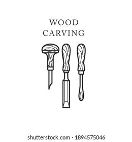 Wood carving tools icon, logo with chisels, timber engraving emblem, vector