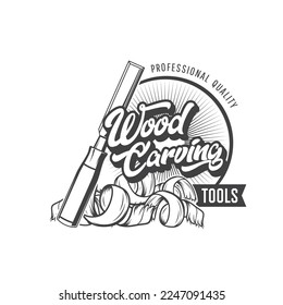 Wood carving tools icon. Woodworking industry, carpentry and construction hand equipment store vector emblem, monochrome label or symbol. Wood carving craftsman workshop sign with chisel and chips