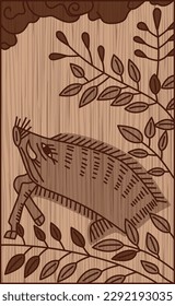 Wood carving-style Hanafuda Buntsuki Hagi Boar July Hagi and Boar