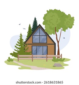 Wood chalet for ecotourism in forest. Modern glamping house with panoramic window surrounded by trees Stylish modular eco-home. Comfortable outdoor recreation concept vector illustration isolated