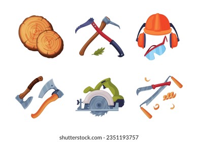 Wood Chopping Equipment with Axe, Saw, Lumber Ring and Helmet Vector Set