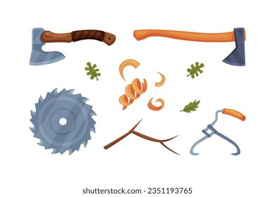 Wood Chopping Equipment with Axe and Saw Blade Vector Set