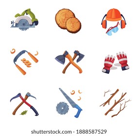Wood Chopping Instruments and Equipment with Saw and Ax Vector Set