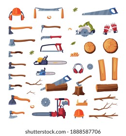 Wood Chopping Instruments and Equipment with Saw and Ax Vector Set