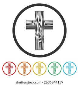 Wood christian cross icon. Set icons in color circle buttons